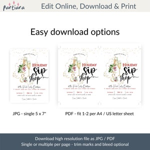 May include: Holiday Sip & Shop invitation with champagne flutes, berries, and text. Includes details for the Pink Lady Boutique event on December 12th. Download options include JPG (5x7 inches) and PDF formats.