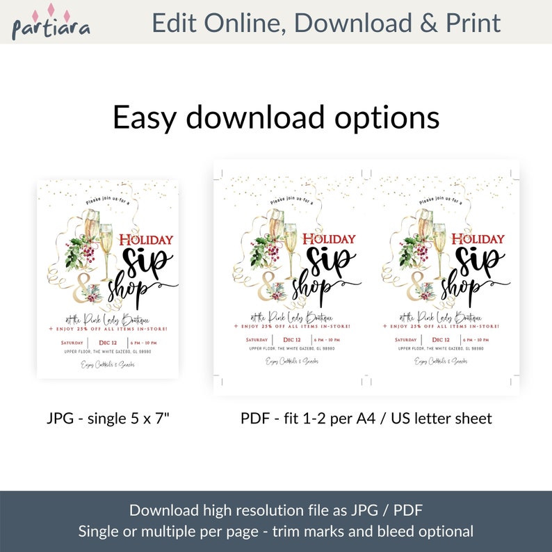 May include: Holiday Sip & Shop invitation with champagne flutes, berries, and text. Includes details for the Pink Lady Boutique event on December 12th. Download options include JPG (5x7 inches) and PDF formats.