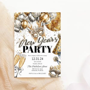 Modèle d'invitation pour la fête du nouvel an, carte numérique modifiable d'invitation de réveillon du nouvel an, sonnerie à New York, décor noir argent or imprimable P880