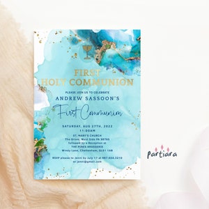 Faire-part de communion bleu, modèle d'invitation de première communion, thème de la plage bleu aqua pour garçons invite carte numérique imprimable et modifiable P243