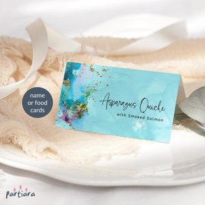 Pool Party Food Tents Printable Name Place Cards Editable Template Teal Blue Gold Beach Theme Party Tables Seating Card Download P243 P132