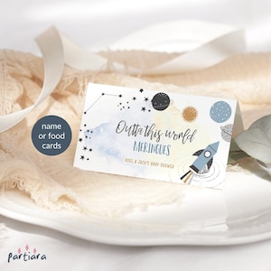 Cartes de nourriture SPACE, imprimables, tentes de buffet d'anniversaire de garçon, modèle de carte de lieu de nom de shower de bébé planètes, table de fête modifiable sièges P166