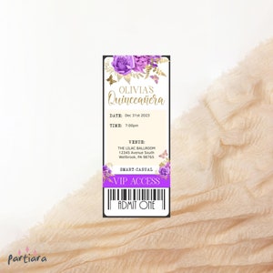 Uitnodiging kaartsjabloon Quinceanera, vlinder kweepeer VIP-paskaart afdrukbare, paars lila bloemen decor, bewerkbare digitale download P36