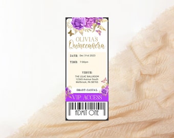 Quinceanera VIP Access Card Invitation Inserts Printable Purple Gold Floral Butterfly Dinner Party Admittance Ticket Editable Download P36