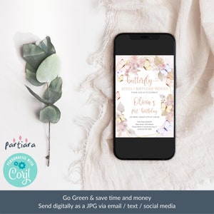 Puede incluir: Una invitaci&oacute;n digital para una fiesta de primer cumplea&ntilde;os con tem&aacute;tica de mariposas. La invitaci&oacute;n presenta un esquema de color rosa y dorado con mariposas, flores y un marco geom&eacute;trico dorado. El texto dice "butterfly kisses + birthday wishes" y "Olivia's first birthday".