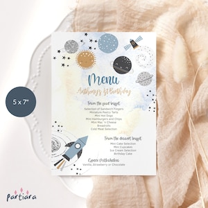 Menusjabloon ruimtethema, ruimte verjaardagsfeestje menu's afdrukbare, jongen baby shower planeten zon maan sterren decor bewerkbare digitale download P166