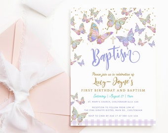 Girl Baptism Invitation Butterflies Lilac Pink Gold 1st Birthday and Baptism Party Invite Printable Editable Digital Download Template P87