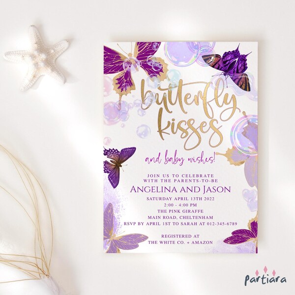 Baby Butterfly Kisses Invite Girl Baby Shower Party Invitation Purple Lilac Gold Butterflies Bubbles Decor Editable Digital Download P549