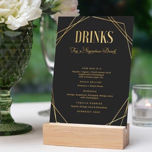 Modèle de carte de boissons signature or noir, cocktails d'anniversaire, menus de bar imprimables pour hommes ou femmes, événements de retraite, téléchargement modifiable P86
