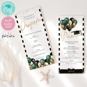 Green Gold Graduation Party Menu Program Template Editable Men Ladies ...