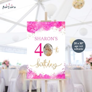Pink 40th Welcome Sign, Birthday Welcome Photo Poster Printable, Hot Fuchsia Gold Decor, Editable Digital Download Template P200