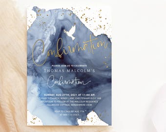 Confirmation Invitation Boy Printable Template: Navy Blue White Digital Download P239