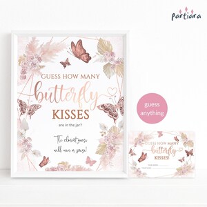 Butterfly Baby Shower Game Guess How Many Butterfly Kisses Printable, Girl Butterflies Party Table Sign, Rose Gold Pastel Pink Editable P171
