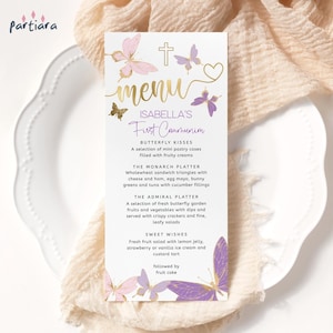 Modèle de menu papillon, menues de Table fête communion fille imprimables, cartes de baptême 1er anniversaire, modifiable rose pastel violet Decor P345