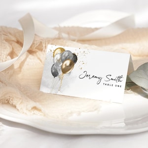 Bearbeitbarer Name Platzkartenvorlage Herren Geburtstag Dinner Party Tischsitzkarten Druckbare Schwarz Silber Goldballons Ruhestand Ereignisse P251