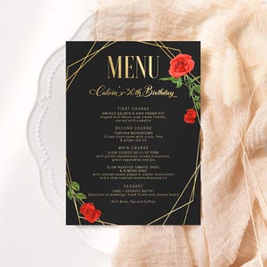 Valentines Day Menu Template, Red Roses Dinner Party Menus Editable, Ladies Birthday Menu Card Printable, Black Gold Table Decor, P210