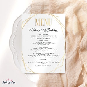 Menu Cards All White Gold Editable Birthday Dinner Party Menus Instant Download Surprise Milestone Table Decor Men or Ladies Printable P86
