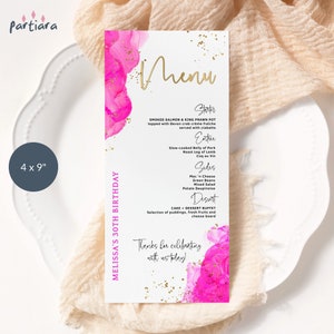 Damen rosa Menükarte, Geburtstagsfeier Tischmenüs druckbar, Hot Pinks und Gold Dekor, bearbeitbare digitale Download schlanke Vorlage P200