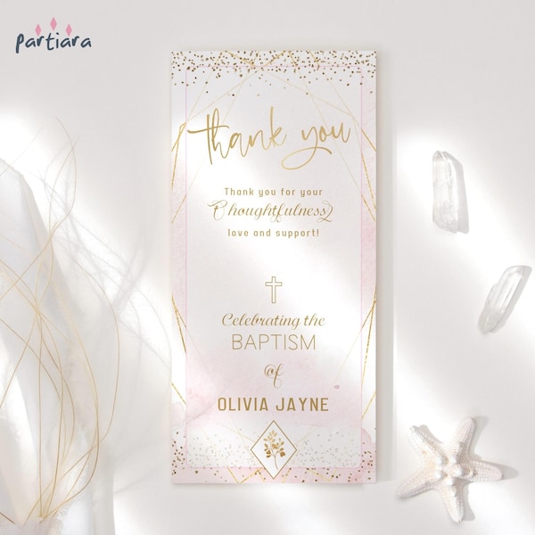 Baby Girl Baptism Thank You Card Welcome Table Plate Decor Editable Notecard Template Printable All White Pastel Pink Gold Download P249