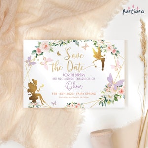 Reserve a data Floresta Encantada para impressão, Cartão de aniversário de borboleta de fada, Decoração rosa pastel, lilás e dourado, Modelo editável P328