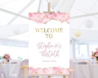 Ladies Pink Gold Birthday Welcome Sign Printable Teen Girls Brunch or Dinner Poster Decor Candy Pink Gold Agate 20x30 Template Download P488