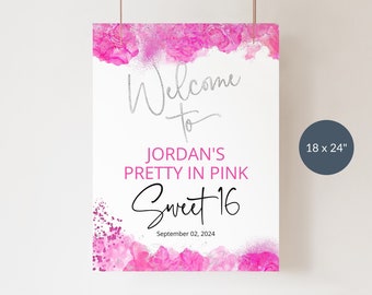 Pink Silver Welcome Sign Template, Hot Fuchsia Pink Ladies Birthday Dinner Party Welcome Poster Decor Printable, Digital Download P200