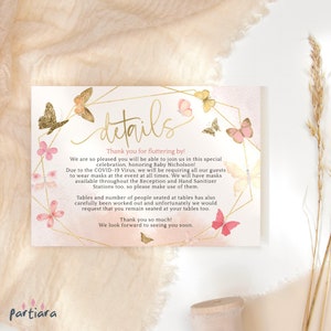 Kaartsjabloon boho-verjaardagsgegevens, vlinder kraamcadeaus kraamcadeaus verzoekkaart afdrukbaar, meisjes perzikroze bewerkbare download P130