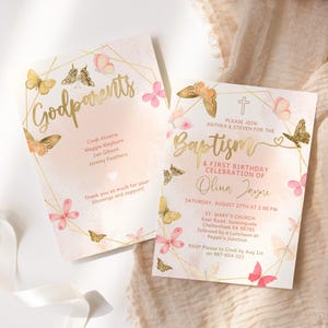 Doopuitnodiging met peetouderdetails, vlinder 1e verjaardag gezamenlijke doopuitnodiging afdrukbare, pastelroze perzik decor, bewerkbare P130