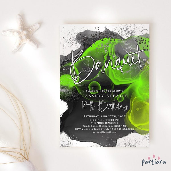 Dinner Invitation Black Lime Green and Silver Banquet Party Invites Printable Birthday or School Events Editable Digital Download P810