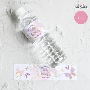 Baby Shower Water Bottle Label Template, Butterfly Party Labels Printable, Welcome Baby Girl, Pink Purple Decor, Editable Download P345
