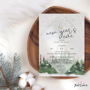 New Years Eve Invitation, New Year&#39;s Dinner Party Invite, New Years Day Brunch Invites Printable, Green Forest Decor, Editable Template P378