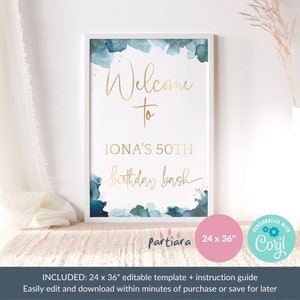 Editable Birthday Welcome Sign Teal Blue Gold Ladies Dinner Party ...