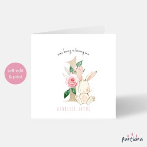 Bunny 1st Birthday Card Template for Self Edit and Print: Girls Pink Floral Download
