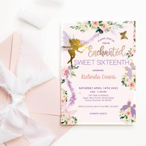 Sweet 16 Einladung Verzauberte Waldparty zum Ausdrucken, Schmetterling, Blumenfeengarten lädt ein, rosa lila Golddekor, bearbeitbare Vorlage P328