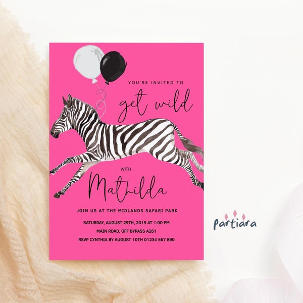 Hot Pink Safari Party Animals Birthday Invite Girl Printable Lets Get Wild Zebra Theme Black White Balloons Decor Editable Download P28