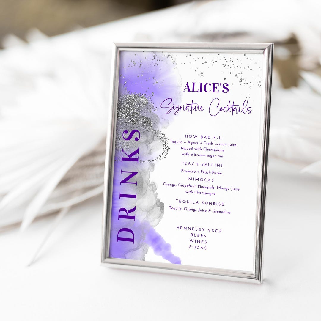 Editable Drinks Menu Template: Purple Signature Bar Menus for Ladies ...