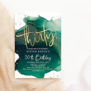 DIY 30. Geburtstagseinladung Druckbare Smaragdgrün und Gold Party lädt für Sie oder Ihn ein, digitaler Download Corjl bearbeitbare Vorlage P132