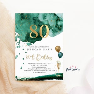 Smaragd 80er Jahre Geburtstagseinladung Vorlage, Damen Grün Gold Dinner Party einladen Printable, Champagner Ballons Dekor, bearbeitbar P205