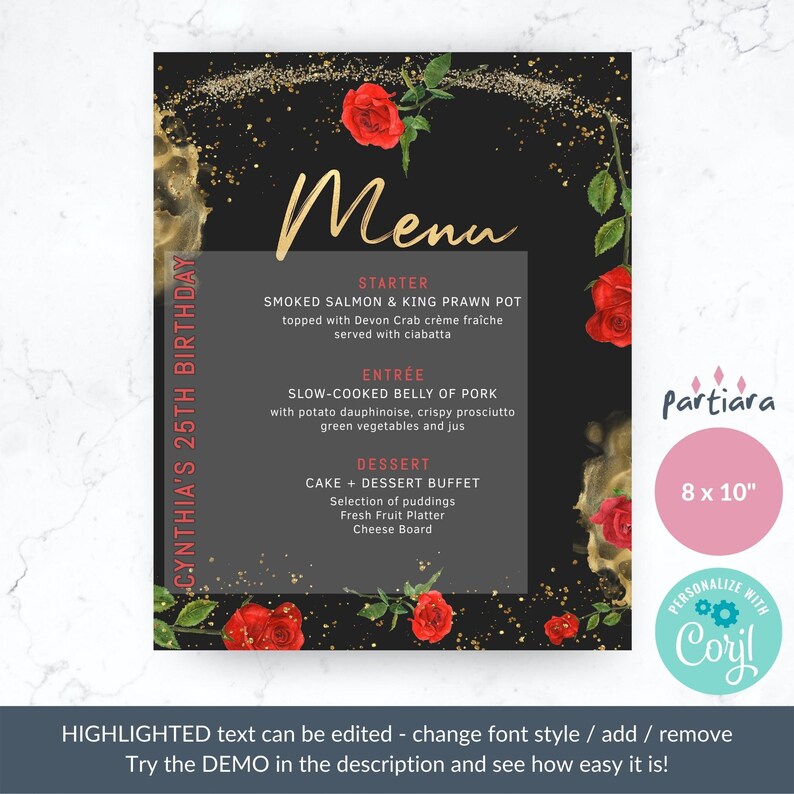 Red Roses Menu Editable Birthday Menus for Ladies Any Age Etsy Singapore