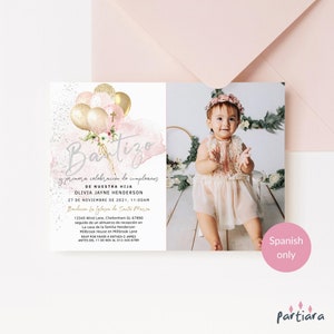 Taufeinladung auf Spanisch, Baby Mädchen 1. Geburtstag und Taufe Gemeinsame Party Laden Druckbare, bearbeitbare Fotovorlage, Rosa Luftballons ein P344