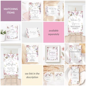 May include: A set of printable party decorations featuring a butterfly theme with floral accents. The set includes a welcome sign, a bingo card, a menu, a thank you card, a favor sign, and a baby shower invitation. The colors are pink, purple, and green.