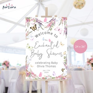 Cartello di benvenuto per baby shower incantato, poster di benvenuto per festa in giardino, decorazione per bambina con fiori di campo pastello stampabile modificabile scaricabile P256
