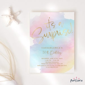 Pastelverrassingsuitnodiging, verjaardag het is een verrassingsuitnodigingsjabloon, meisjes Rainbow Party Card afdrukbare, bewerkbare digitale download P179