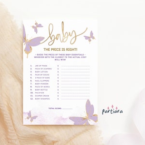 Price is Right Game Butterfly Baby Shower Template, Girls Purple Lilac Guessing Games Printable, Editable Digital Download P438
