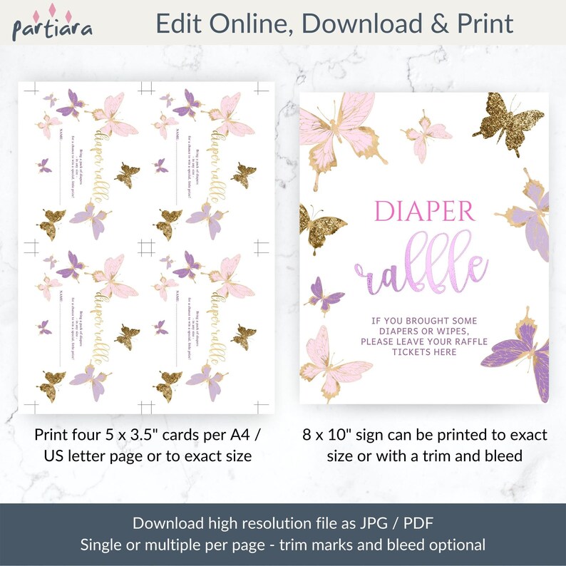 Butterfly Baby Shower Diaper Raffle Sign and Tickets Printable Girl Party Game Card Editable Digital Download Pink Lilac Decor P345 image 9
