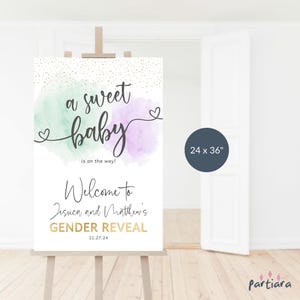 Purple Gender Reveal Welcome Sign Template, Pastel Mint Green Lilac Sweet Baby Welcome Poster Decor Printable Editable 24x36 Download P16