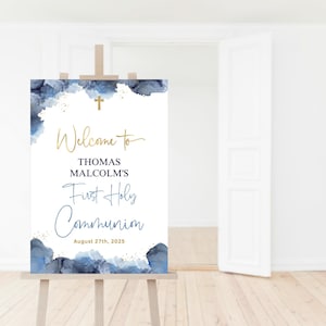 Modello di cartello di benvenuto per la comunione dei ragazzi, poster blu navy per la prima comunione, stampabile, download digitale modificabile, decorazione P239