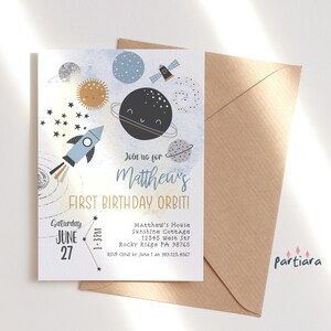 Astronaut 1st Birthday Invitation Template, Boys First Planets Orbit Sun Moon and Stars Invite Printable Editable Digital Download P166