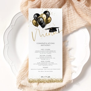 Graduation Dinner Menu Template, Boys Grad Bash Party Table Menus Printable, Black Gold Balloons Decor, Editable Digital Download P251