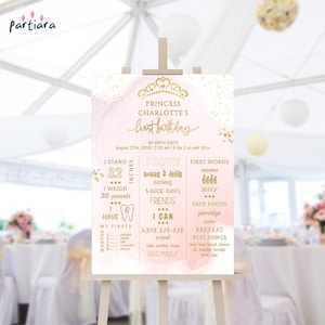Placa de aniversário de 1º aniversário da princesa para impressão, pôster de estatísticas de nascimento de festa de princesas de ouro rosa, download editável P458